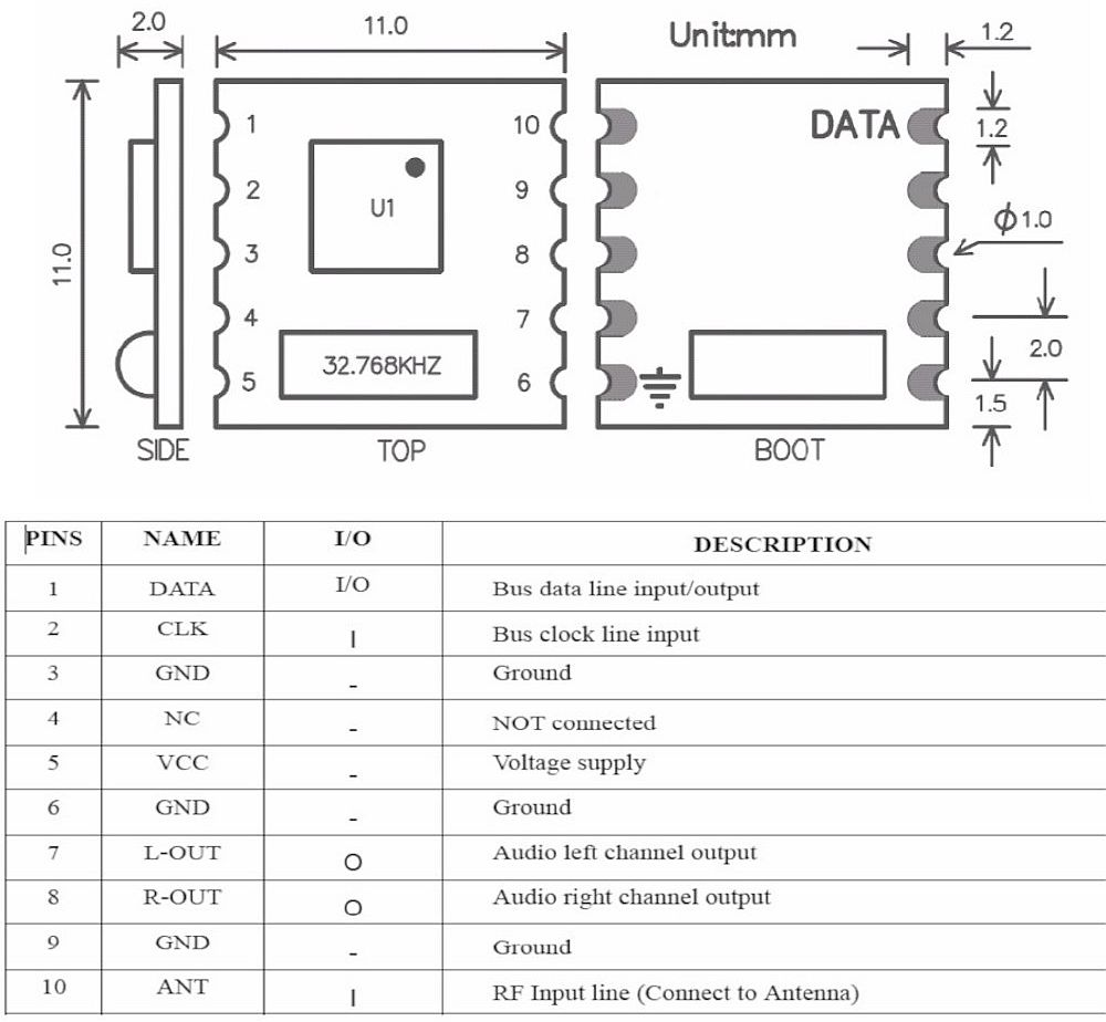 FM Stereo Radio Module I2C TEA5767 RRD-102BC afmetingen en pinout