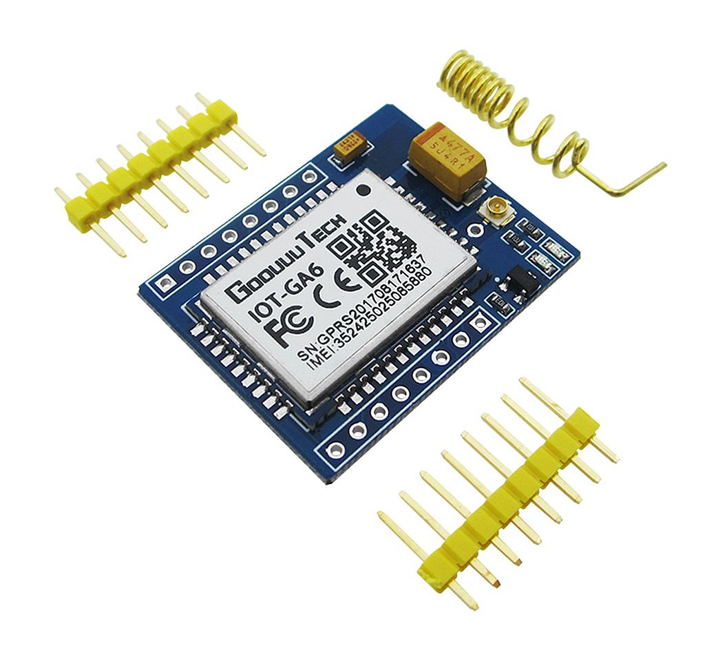 GSM GPRS Development Quad-band Board (A6 Mini) bovenkant schuin met onderdelen