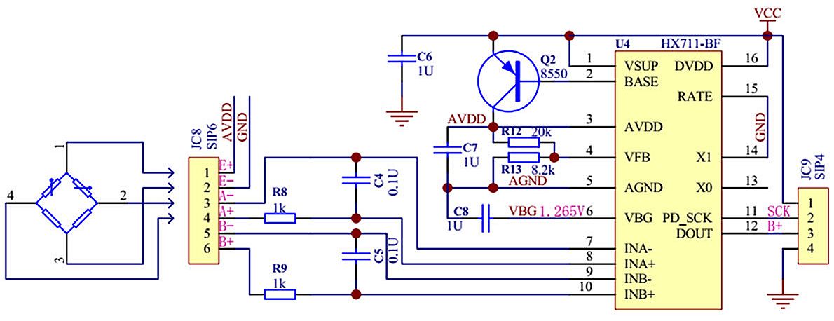 Gewicht druksensor module 24 Bit AD (HX711) schema