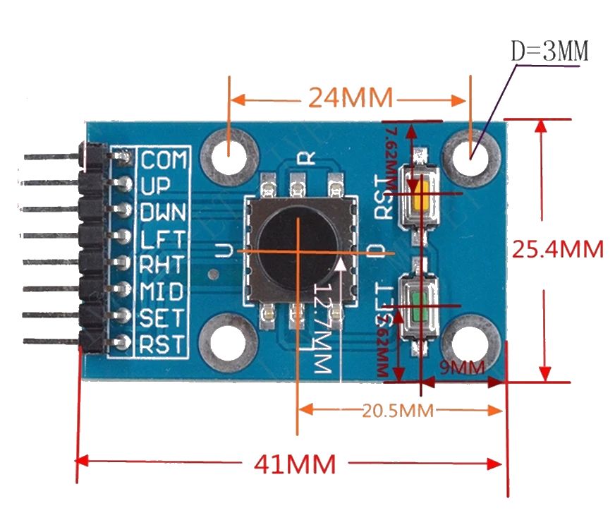 Joystick module digitaal 4-direction en drukknop met 2 extra drukknoppen afmetingen