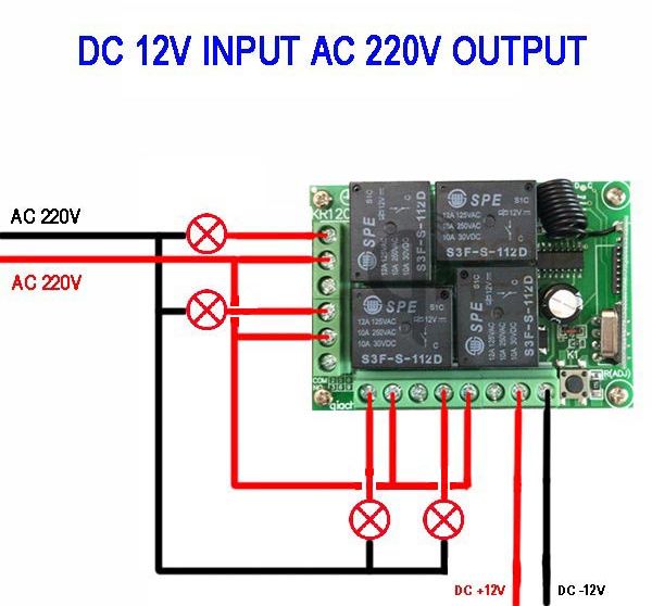 RF 433MHz Relais module 12V 4x250V-10A voorbeeld