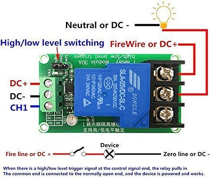 Relais module 12V, 1x250V-30A NO-NC met low level trigger (alt2) voorbeeld