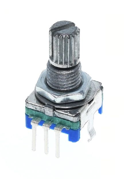 Rotary encoder met drukknop 15mm geribbelde as schroefdraad EC11 groen-blauw