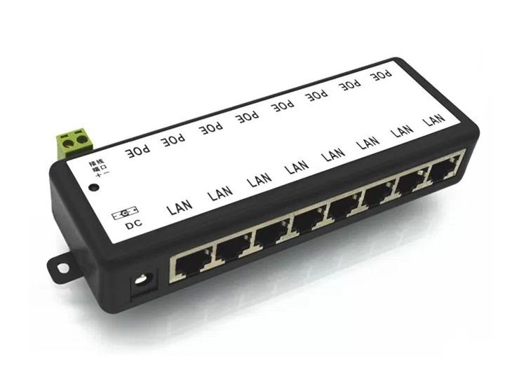 Ethernet LAN PoE injector 9-48V DC met 8 poorten