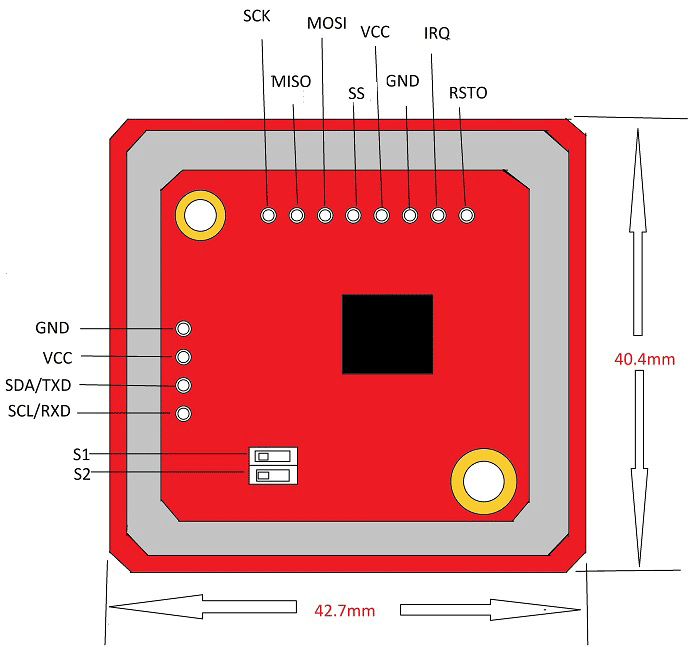 RFID NFC IC Card Sensor Module I2C ISO14443A Mifare PN532 pinout en afmetingen