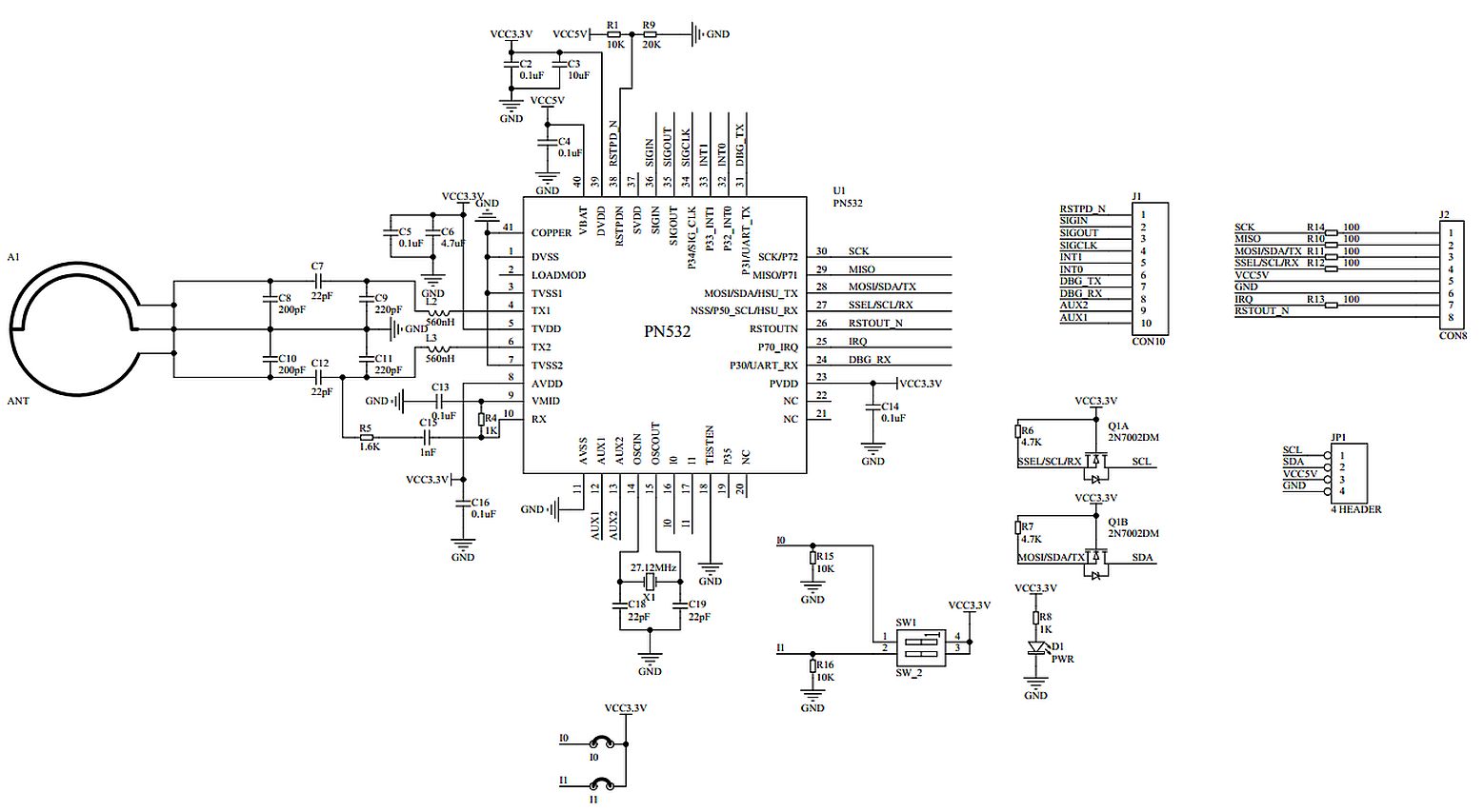 RFID NFC IC Card Sensor Module I2C ISO14443A Mifare PN532 schema