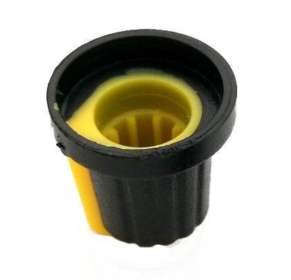 Potmeter knop met 6mm gat geribbeld geel (AG2) onderkant