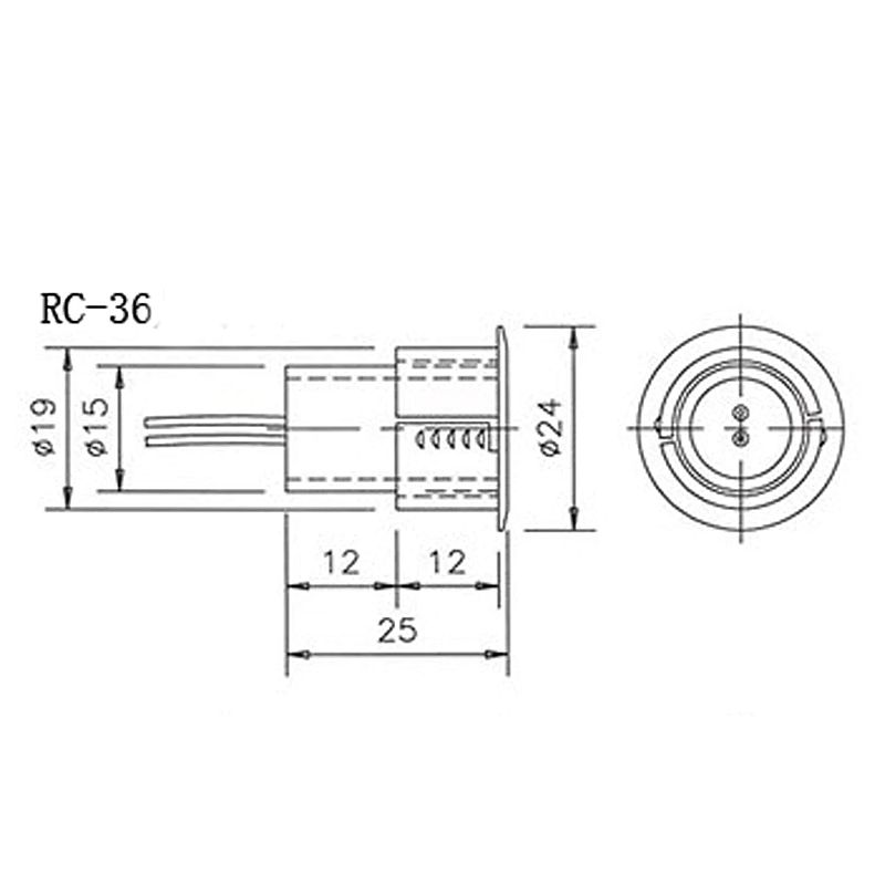 Deur of raam contact sensor magneet schakelaar rond inbouw wit RC-36 afmetingen