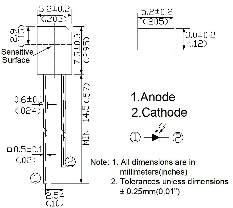 Fotodiode sensor rechthoek helder transparant SGPD638C9 afmetingen