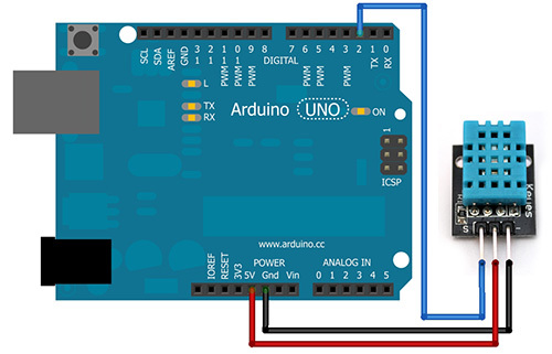 Temperatuur en luchtvochtigheid sensor module DHT22 schema