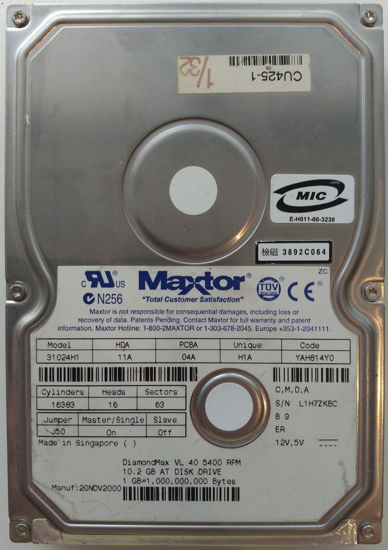 HDD PATA/100 3.5" 10GB / Maxtor DiamondMax VL 40 (31024H1) HDD PATA/100 3.5" 10GB / Maxtor DiamondMax VL 40 (31024H1)