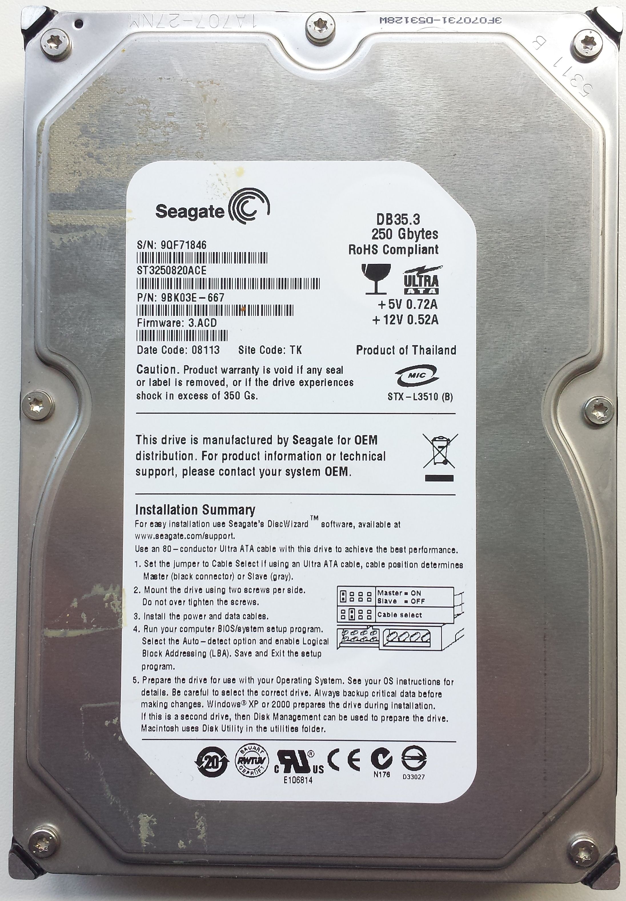 HDD PATA/100 3.5" 250GB / Seagate DB35.3 (ST3250820ACE) HDD PATA/100 3.5" 250GB / Seagate DB35.3 (ST3250820ACE)