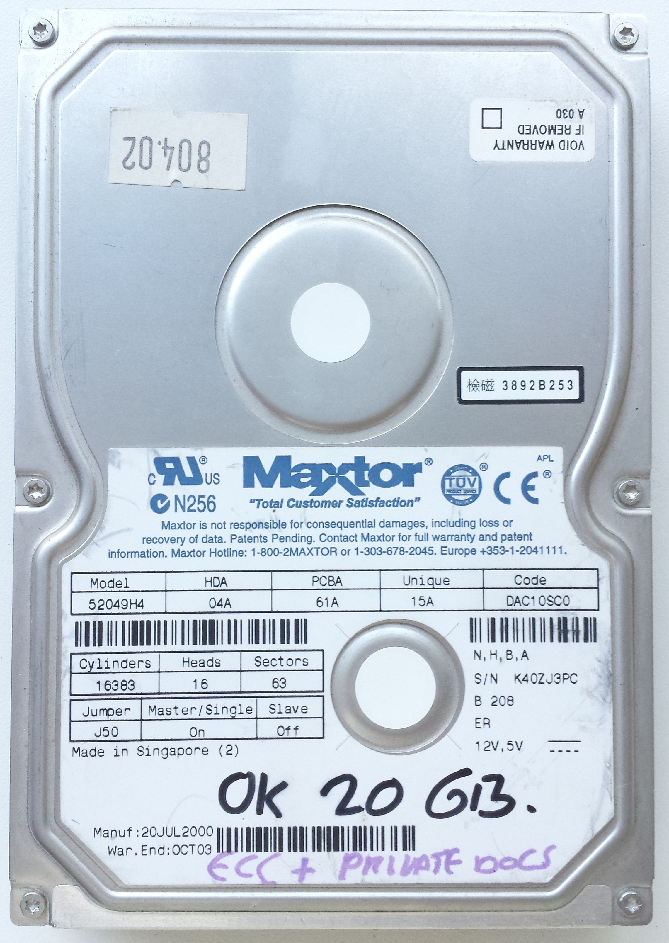 HDD PATA/100 3.5" 20GB / Maxtor DiamondMax Plus 40 (52049H4) HDD PATA/100 3.5" 20GB / Maxtor DiamondMax Plus 40 (52049H4)