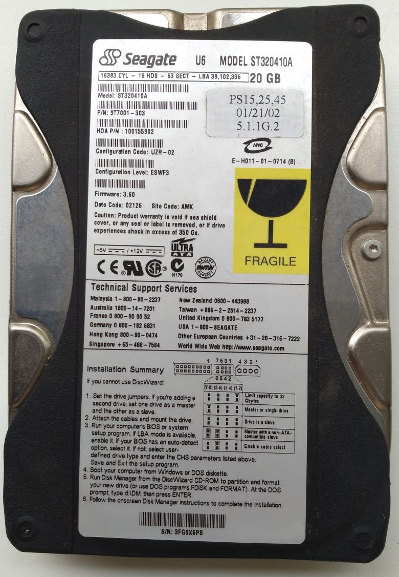 HDD PATA/100 3.5" 20GB / Seagate U Series 20410 (ST320410A) HDD PATA/100 3.5" 20GB / Seagate U Series 20410 (ST320410A)