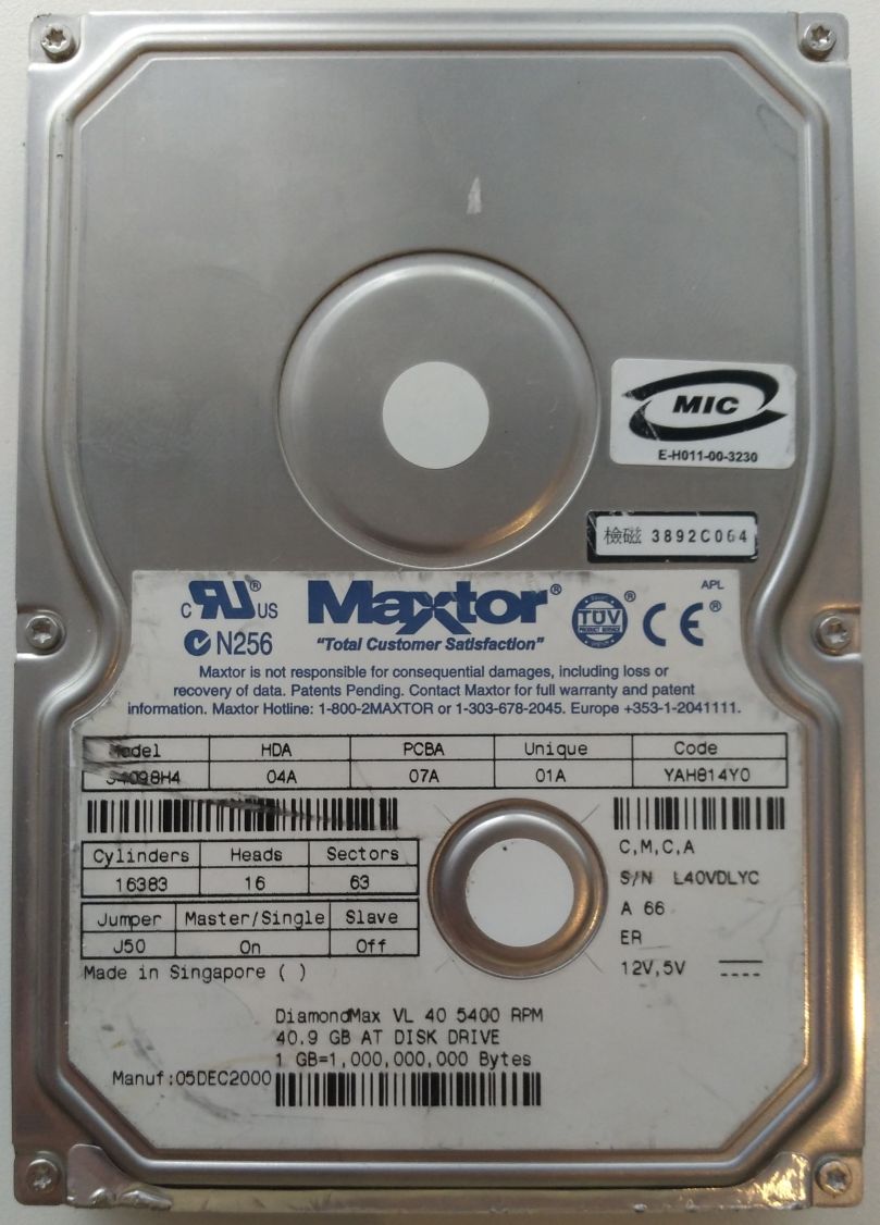 HDD PATA/100 3.5" 40.9GB / Maxtor DiamondMax VL 40 (34098H4) HDD PATA/100 3.5" 40.9GB / Maxtor DiamondMax VL 40 (34098H4)