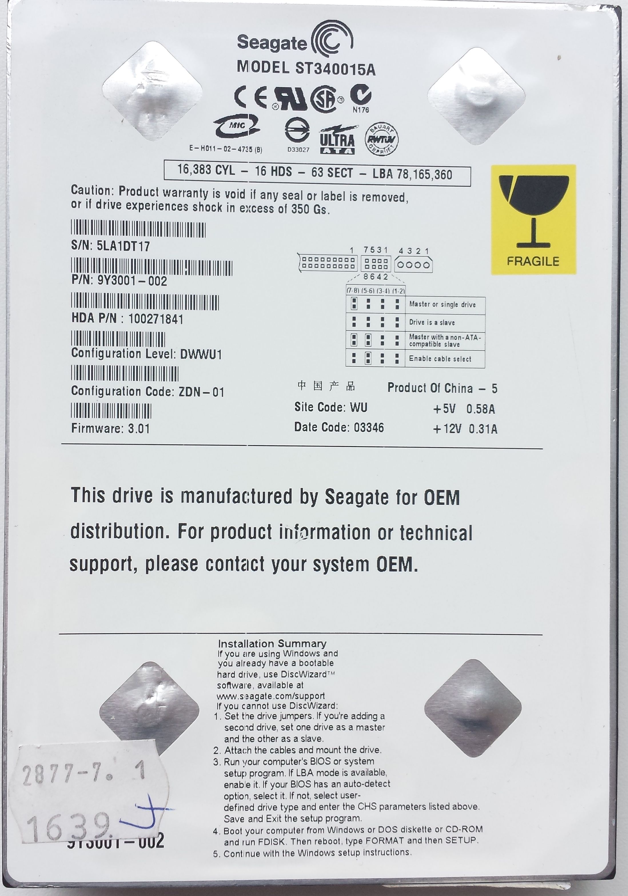 HDD PATA/100 3.5" 40GB / Seagate Barracuda 5400.1 (ST340015A) HDD PATA/100 3.5" 40GB / Seagate Barracuda 5400.1 (ST340015A)