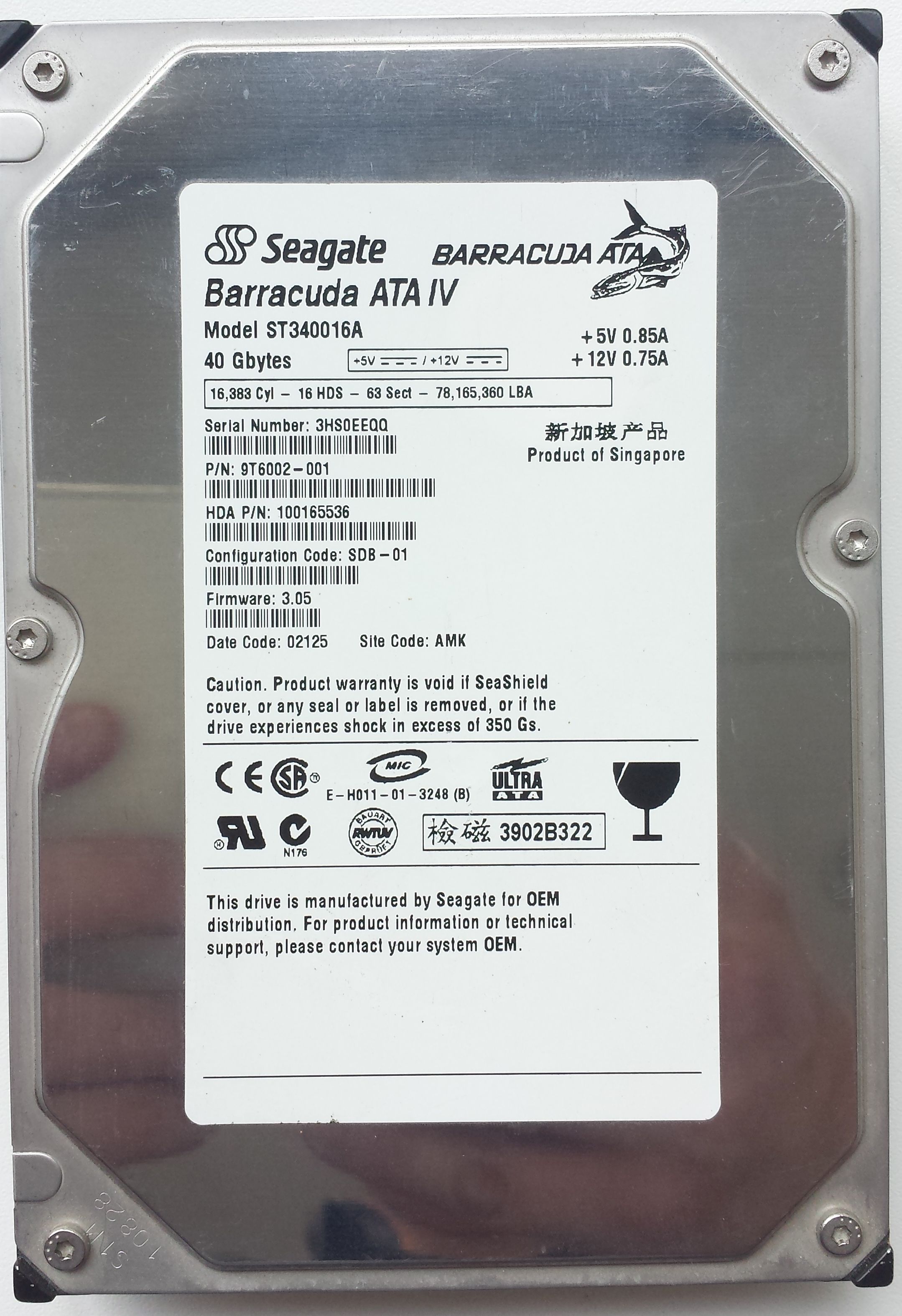 HDD PATA/100 3.5" 40GB / Seagate Barracuda ATA IV (ST340016A)