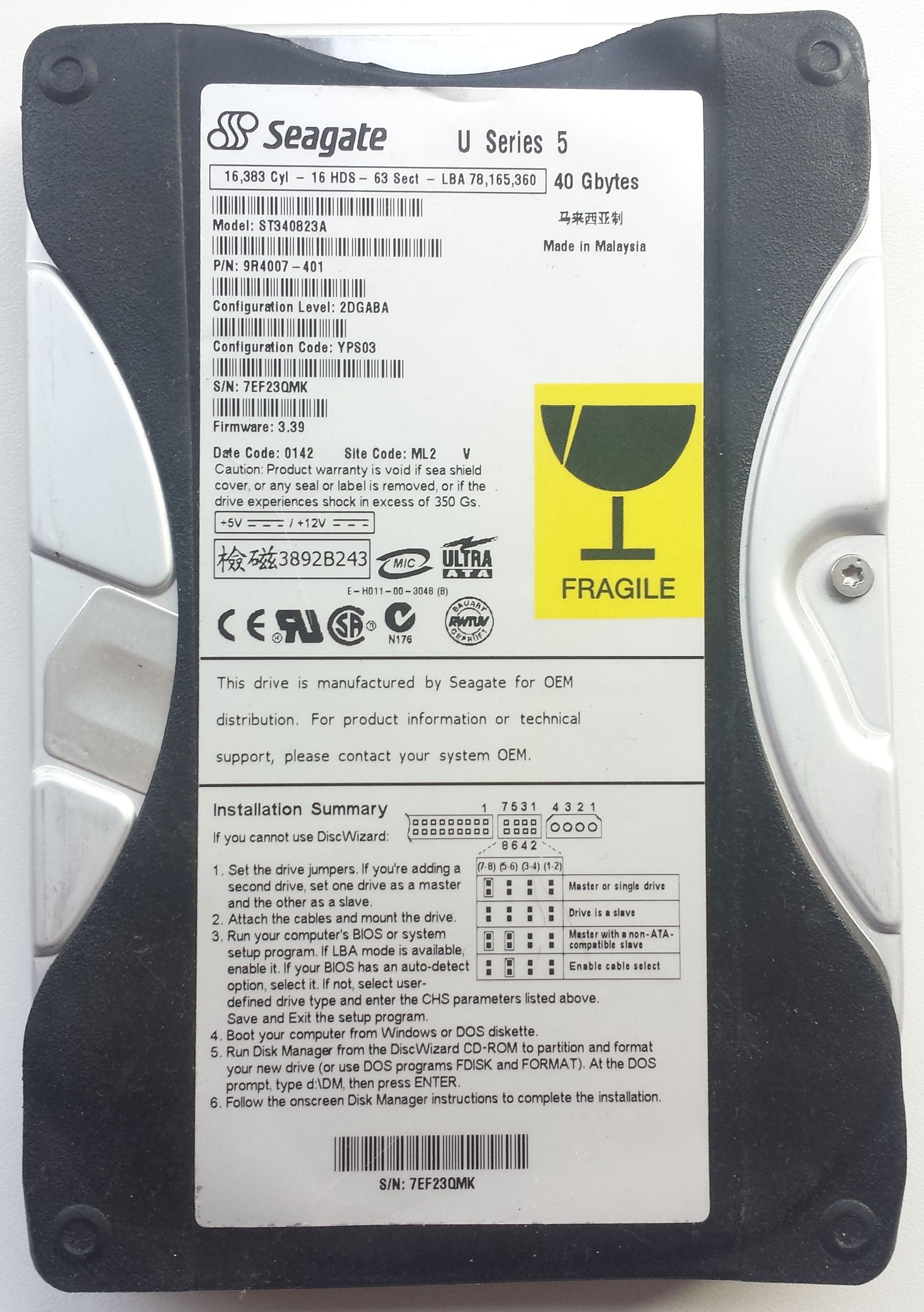 HDD PATA/100 3.5" 40GB / Seagate U Series 5 (ST340823A)