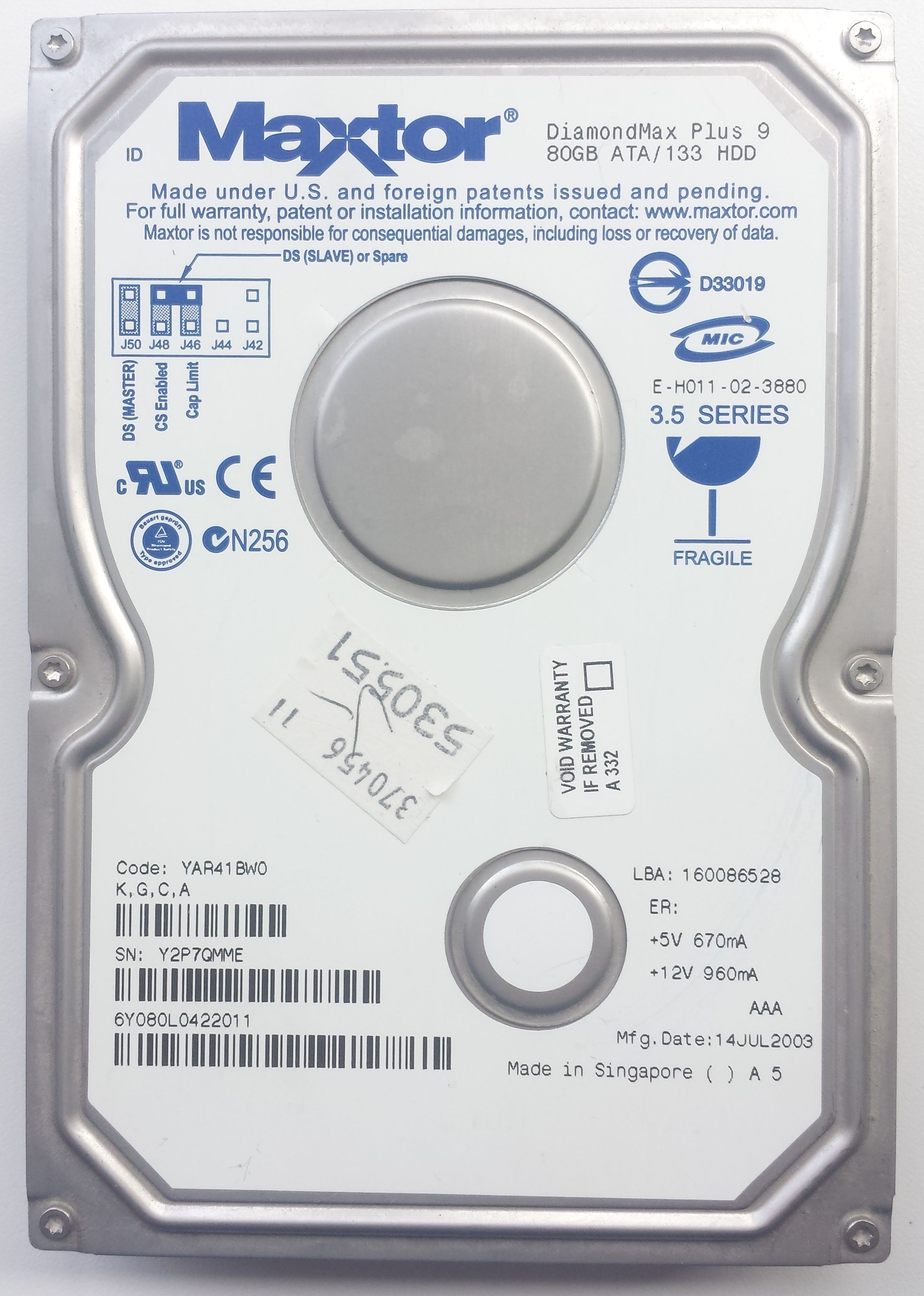 HDD PATA/133 3.5" 80GB / Maxtor DiamondMax Plus 9 (6Y080L04) HDD PATA/133 3.5" 80GB / Maxtor DiamondMax Plus 9 (6Y080L04)