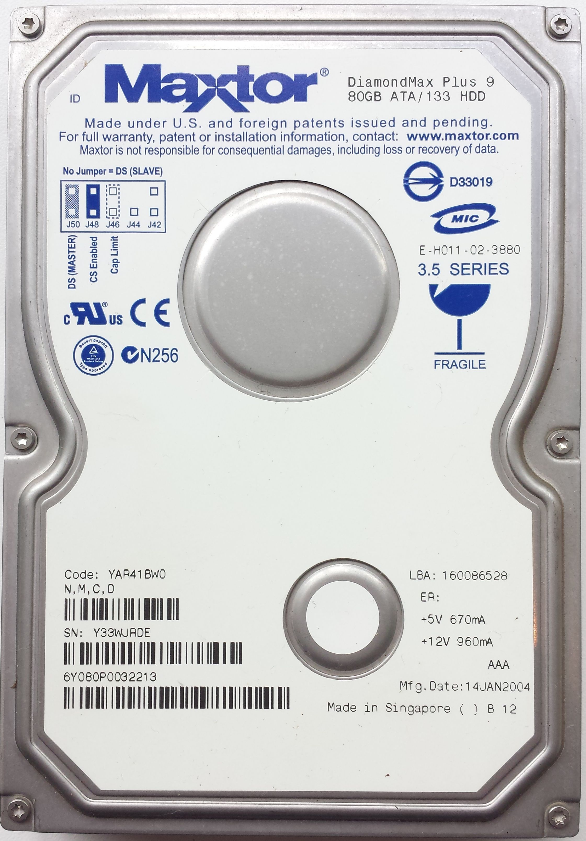 HDD PATA/133 3.5" 80GB / Maxtor DiamondMax Plus 9 (6Y080P0) HDD PATA/133 3.5" 80GB / Maxtor DiamondMax Plus 9 (6Y080P0)