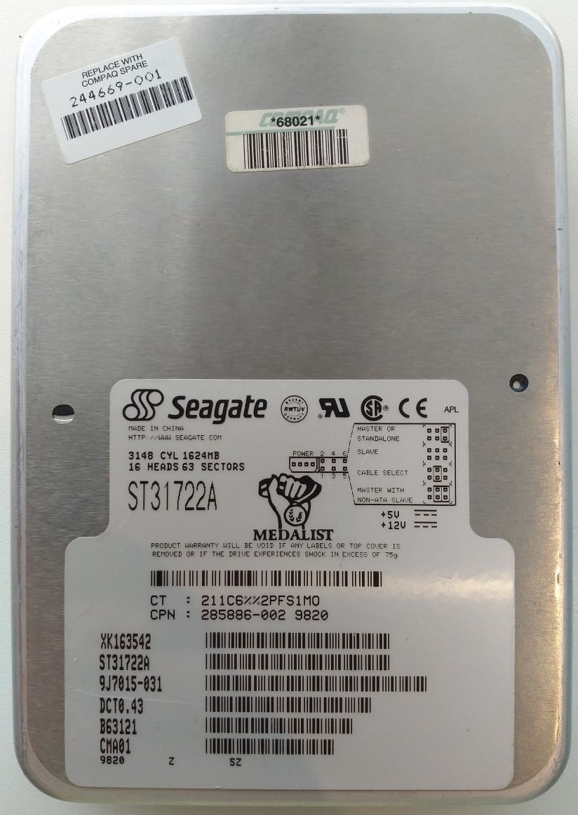 HDD PATA/33 3.5" 1.7GB / Seagate Medalist (ST31722A) HDD PATA/33 3.5" 1.7GB / Seagate Medalist (ST31722A)