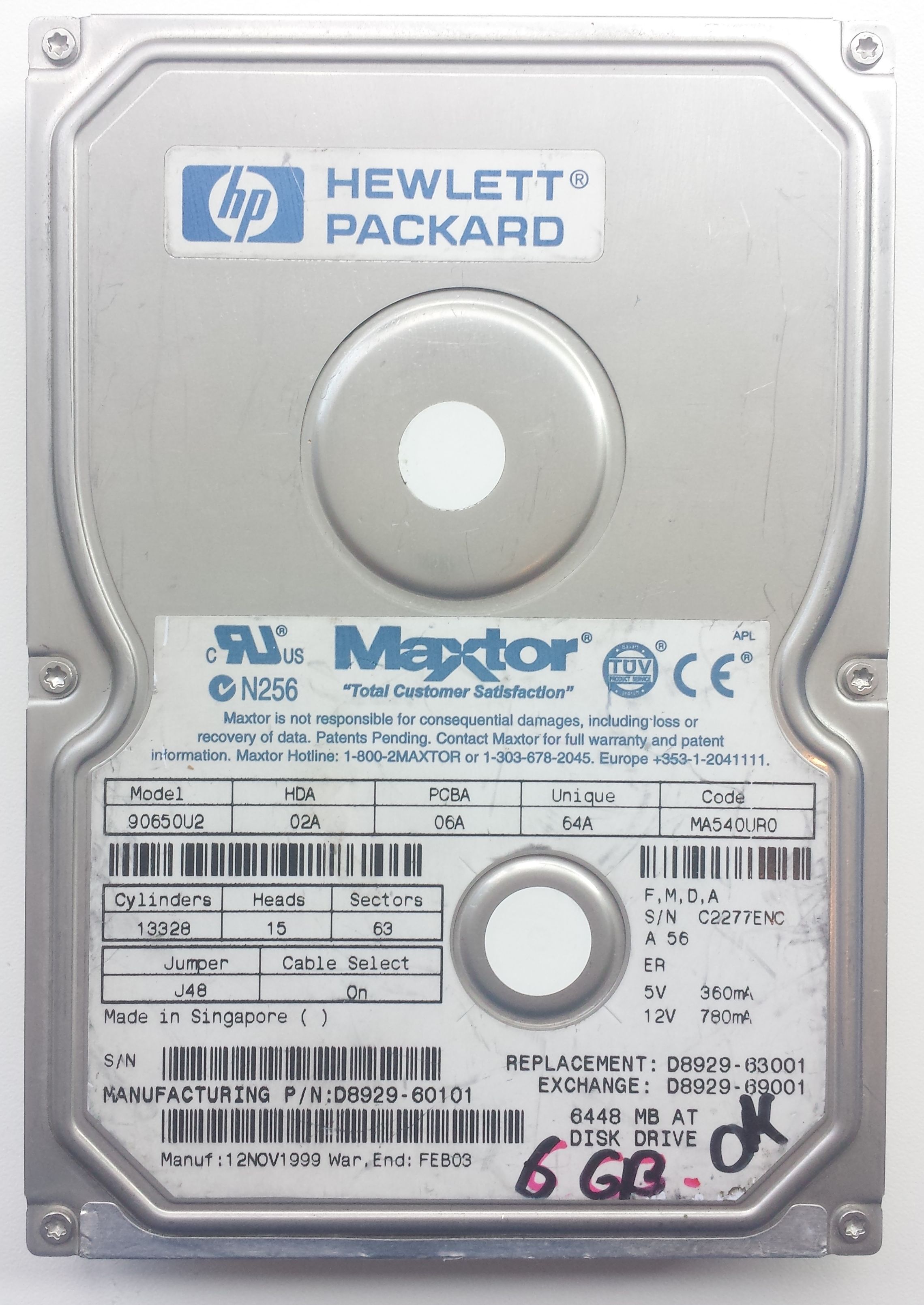 HDD PATA/66 3.5" 6.5GB / Maxtor DiamondMax 6800 (90650U2) HDD PATA/66 3.5" 6.5GB / Maxtor DiamondMax 6800 (90650U2)