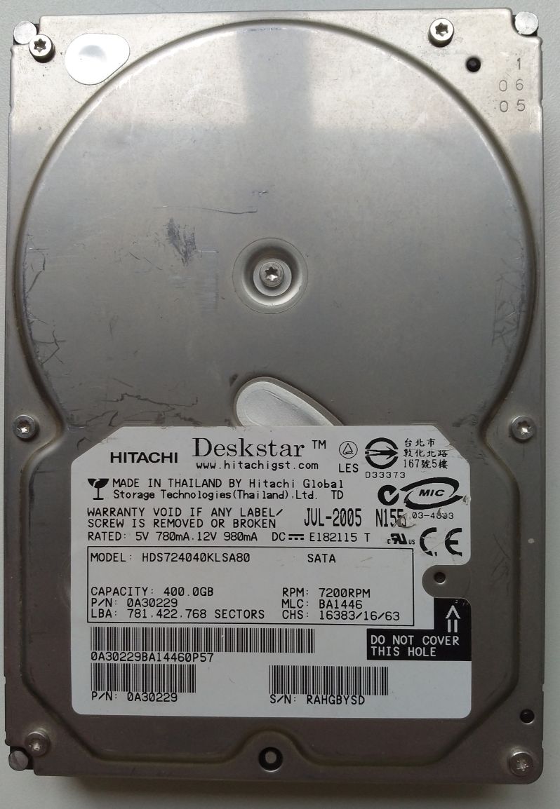HDD SATA/150 3.5" 400GB / Hitachi Deskstar 7K400 (HDS724040KLSA80) HDD SATA/150 3.5" 400GB / Hitachi Deskstar 7K400 (HDS724040KLSA80)