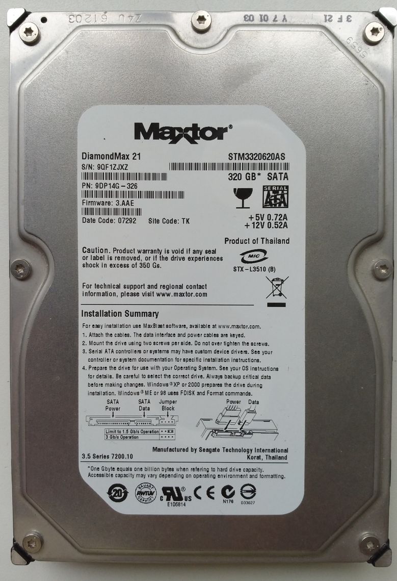 HDD SATA/300 3.5" 320GB / Maxtor DiamondMax 21 (STM3320620AS) HDD SATA/300 3.5" 320GB / Maxtor DiamondMax 21 (STM3320620AS)