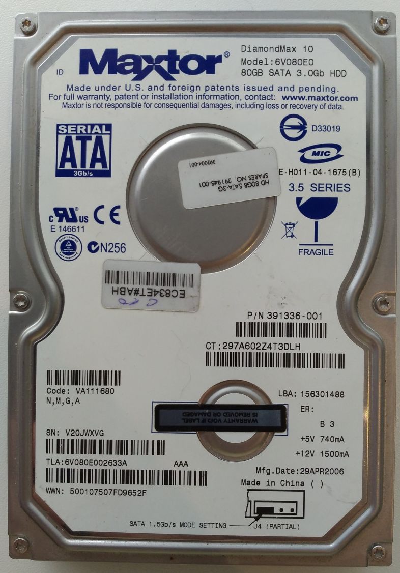 HDD SATA/300 3.5" 80GB / Maxtor DiamondMax 10 (6V080E0) HDD SATA/300 3.5" 80GB / Maxtor DiamondMax 10 (6V080E0)