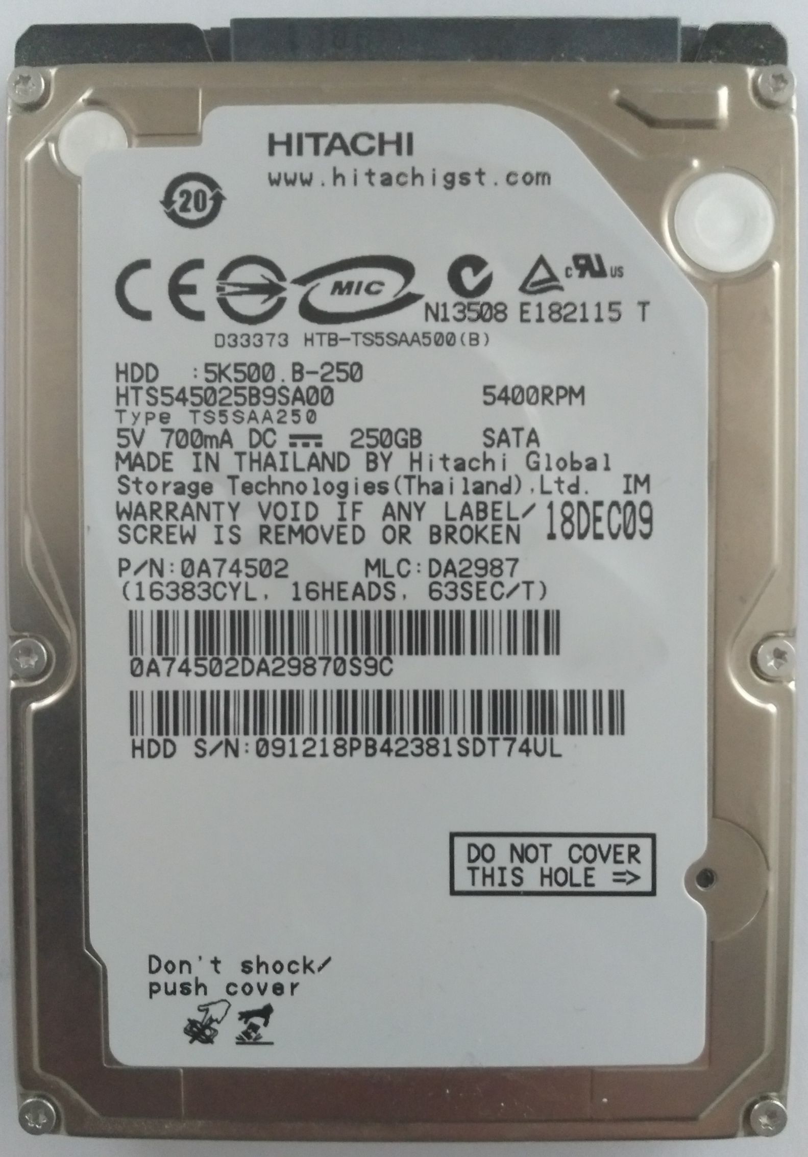 HDD SATA/300 2.5" 250GB / Hitachi Travelstar (5K500.B-250GB)