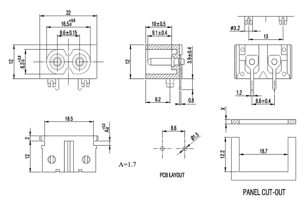 Power connector Eurostekker female plug C8 PCB afmetingen