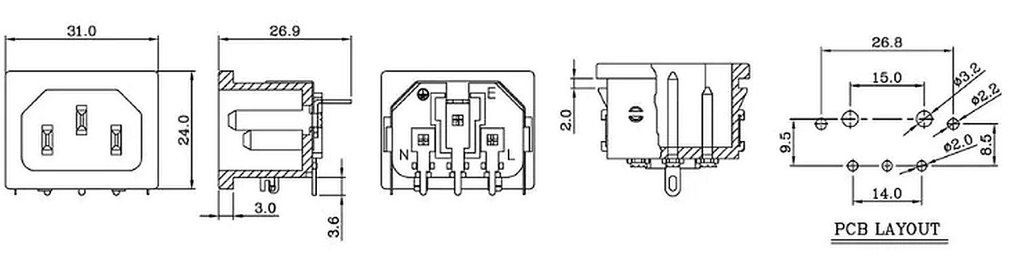 Power connector Eurostekker male plug C14 PCB afmetingen