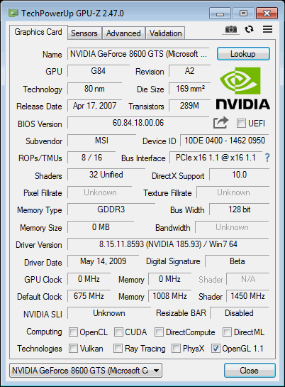 8600GTS MSI GPUZ