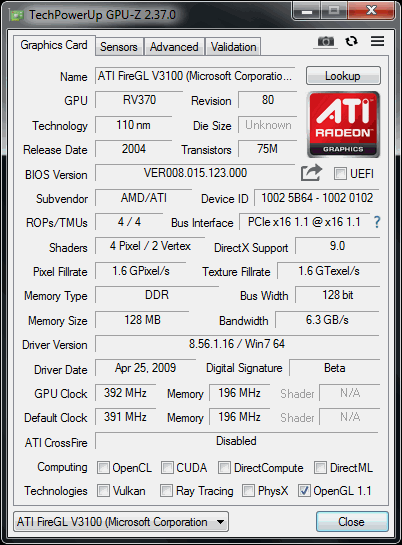 FireGL V3100 ATI GPUZ