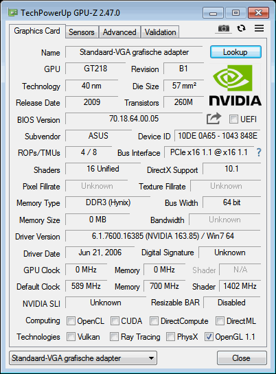 GEFORCE 210 ASUS GPUZ