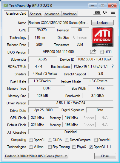 X300SE ASUS GPUZ