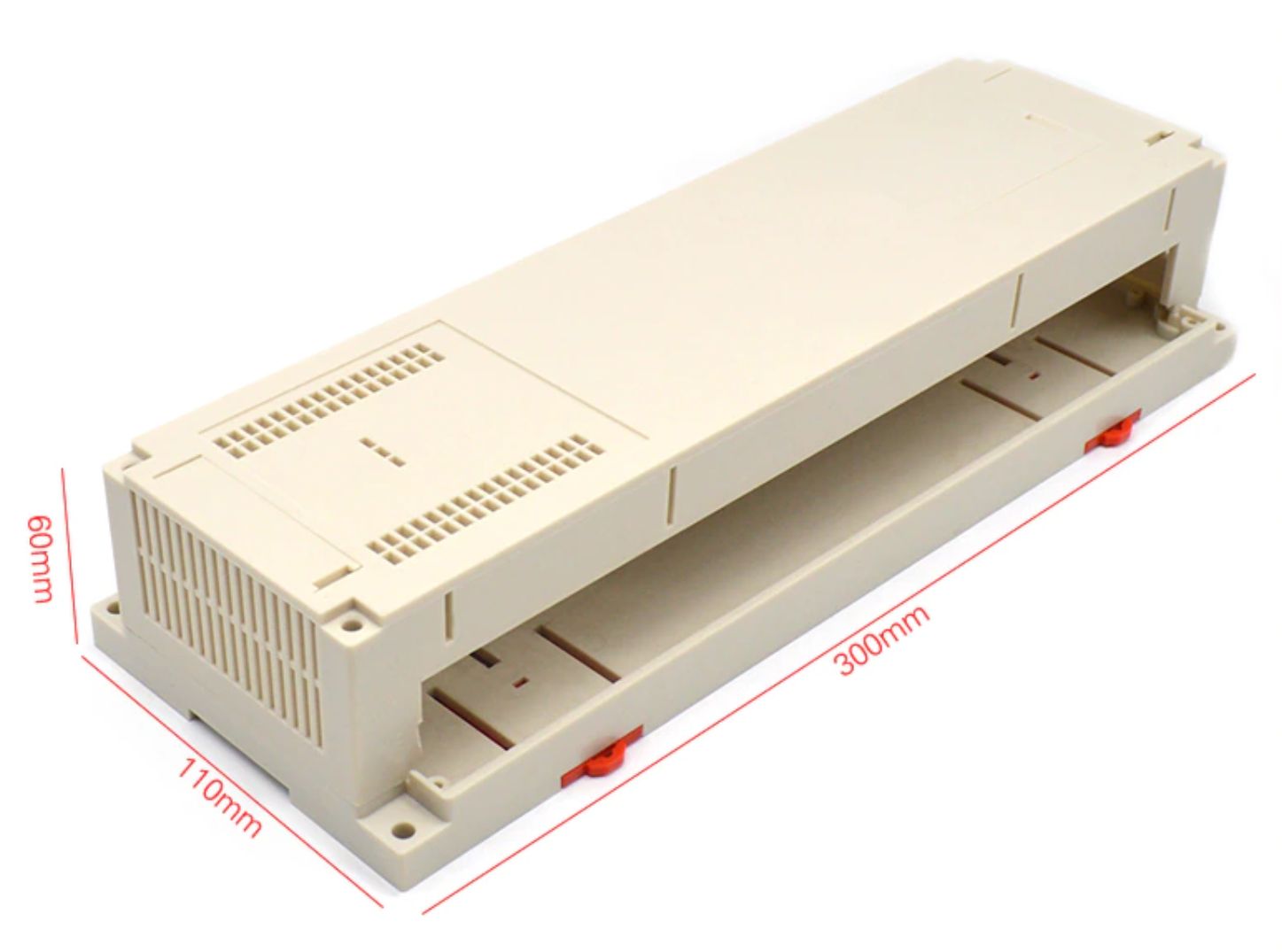 Behuizing kunststof DIN Rail 300x110x60mm ABS beige (AK-P-26) afmetingen 01