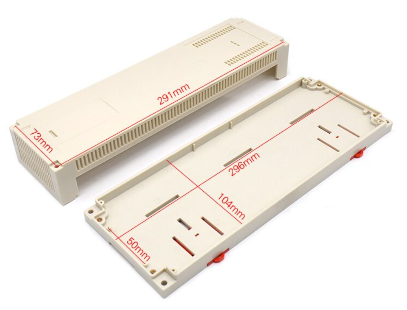 Behuizing kunststof DIN Rail 300x110x60mm ABS beige (AK-P-26) afmetingen 02