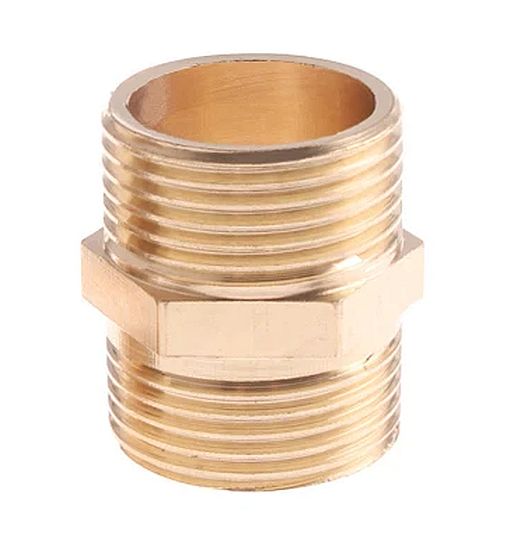 Koppelstuk buitendraad 1/2" DN15 naar buitendraad 1/2" DN15 messing Koppelstuk buitendraad 1/2" DN15 naar buitendraad 1/2" DN15 messing