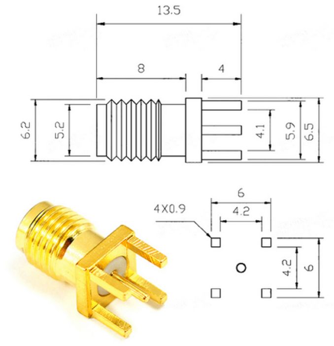 Antenne RP-SMA female connector verticaal PCB afmetingen