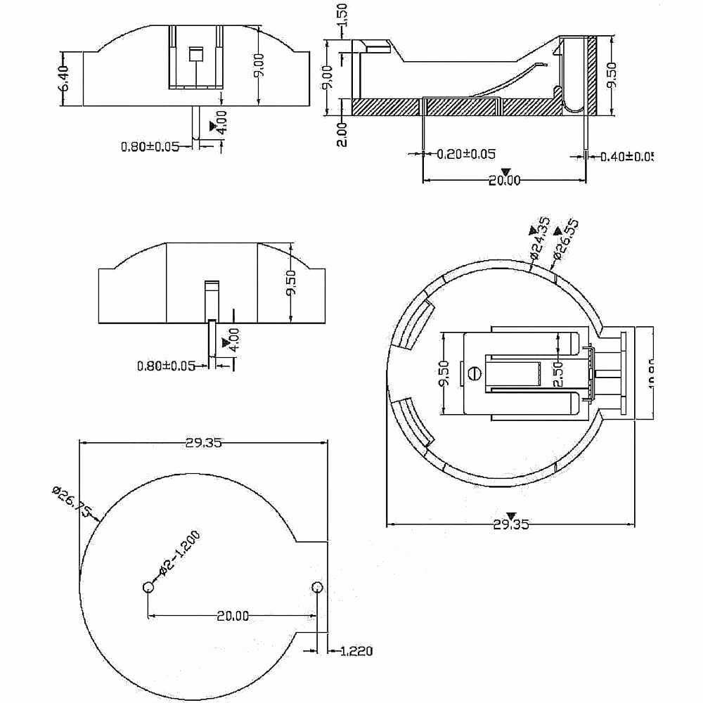 Batterij houder CR2450 horizontaal PCB THT afmetingen