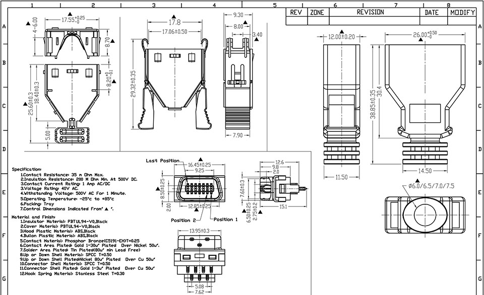 Centronics 14-pin connector met behuizing afmetingen