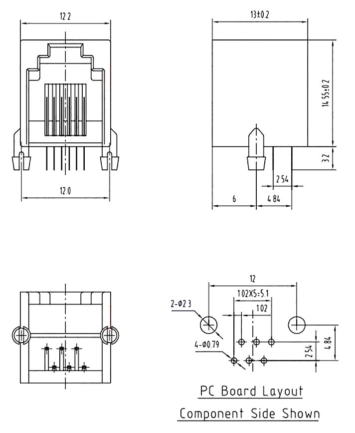 RJ connector 6P6C female zwart RJ12 PCB afmetingen