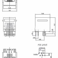 RJ connector 8P8C female kunststof zwart RJ45 verticaal PCB afmetingen