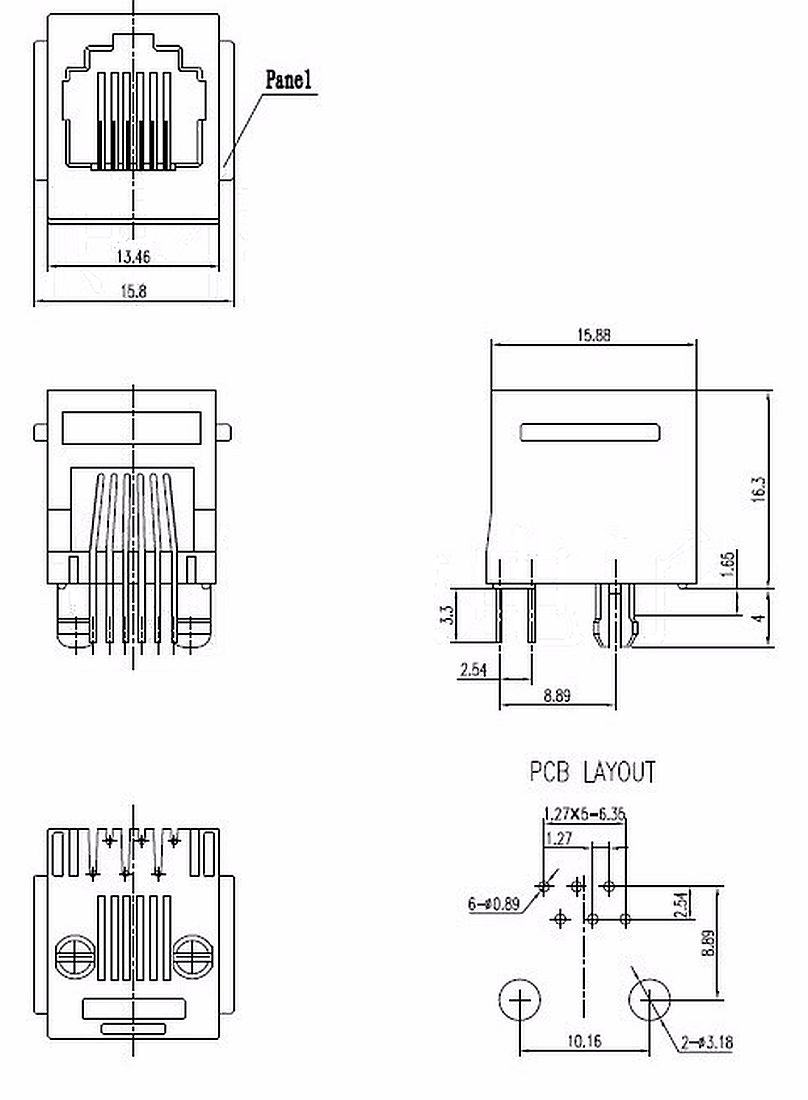 RJ connector 8P8C female kunststof zwart RJ45 verticaal PCB afmetingen