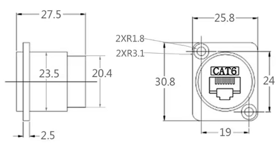 RJ connector 8P8C female RJ45 inbouw terminal zwart afmetingen