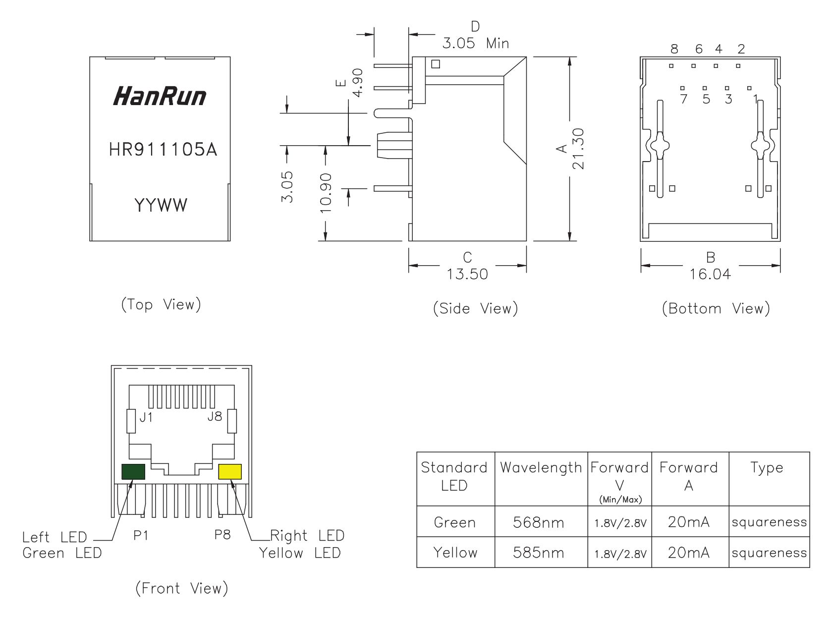 RJ connector 8P8C RJ45 HR911105A PCB maatvoering 01