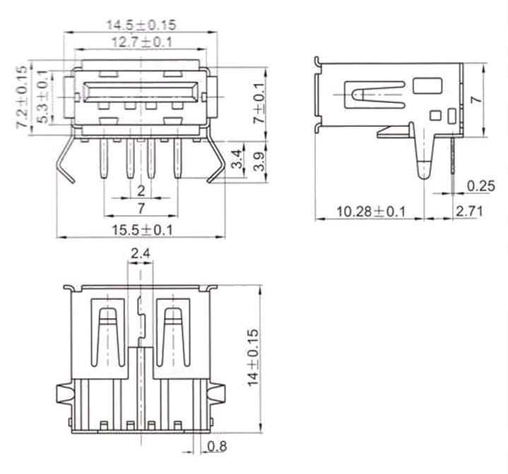 USB-A connector female horizontaal PCB THT afmetingen