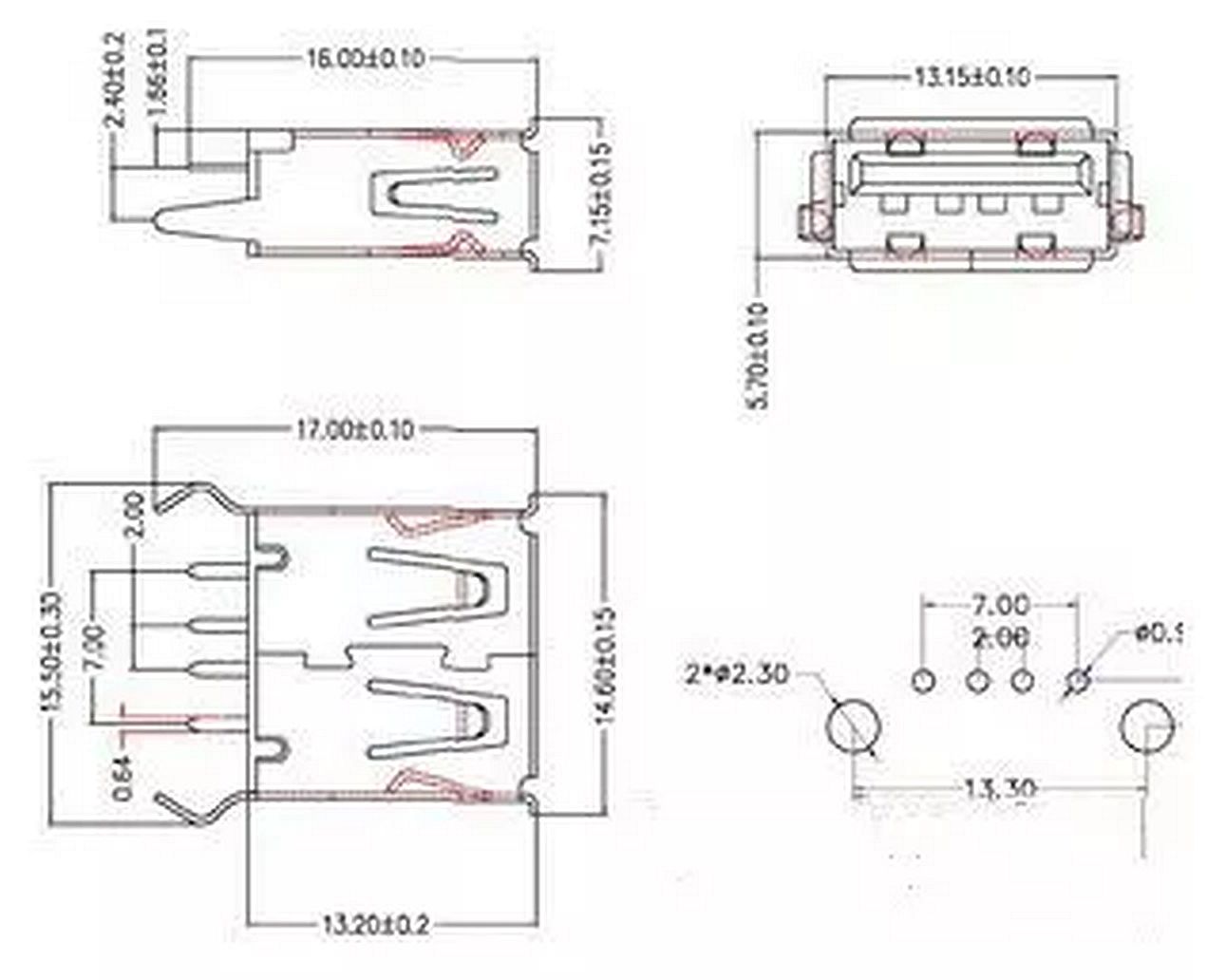 USB-A connector female verticaal PCB THT afmetingen