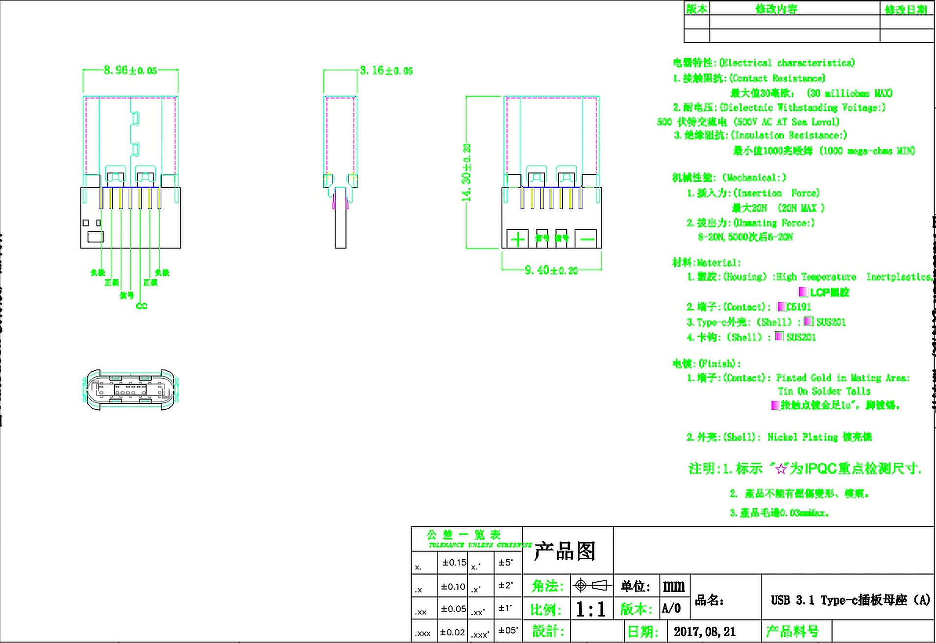 USB-C power connector female 24 pin USB 3